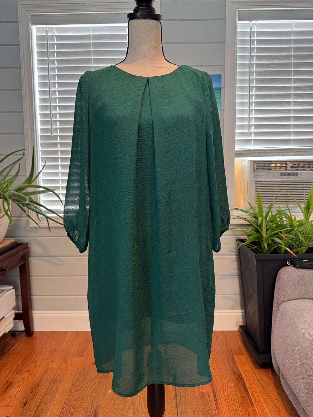 H&M Emerald Green Sheer Shift Dress with Front Pleat